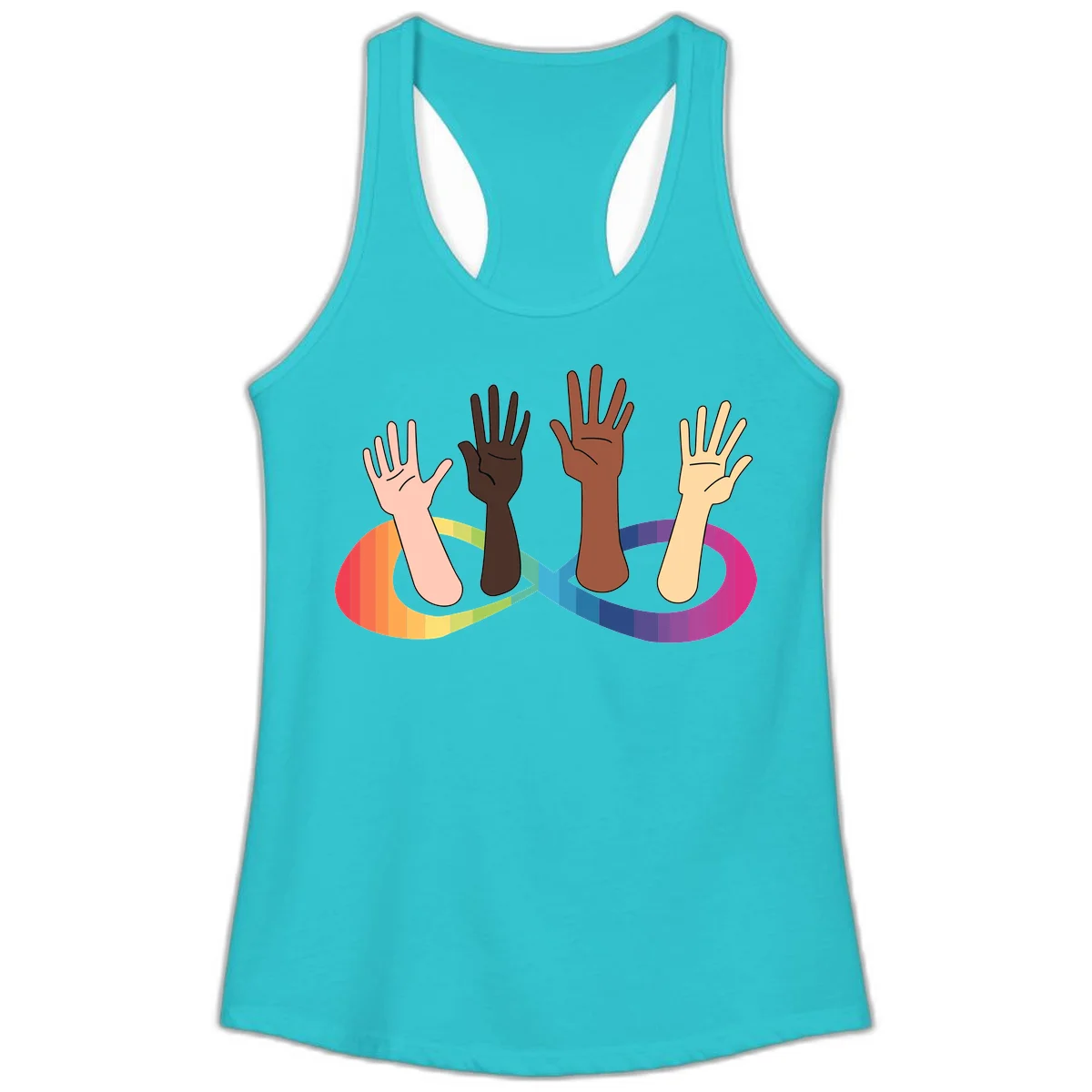 Five diverse raised hands with different skin tones emerging from a circular rainbow pride flag gradient, symbolizing unity and LGBTQ+ pride. in Solid Tahiti Blue