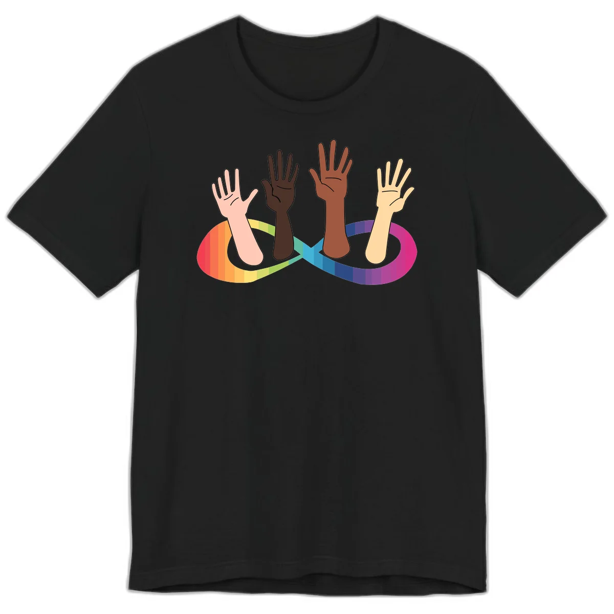 Five diverse raised hands with different skin tones emerging from a circular rainbow pride flag gradient, symbolizing unity and LGBTQ+ pride. in Black