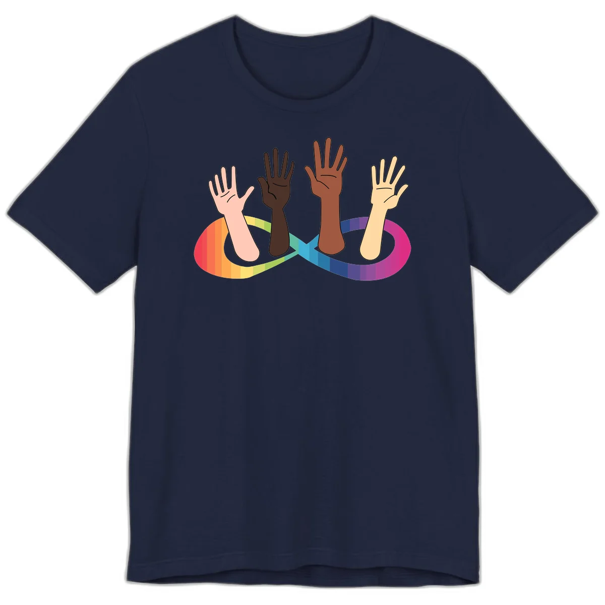 Five diverse raised hands with different skin tones emerging from a circular rainbow pride flag gradient, symbolizing unity and LGBTQ+ pride. in Navy