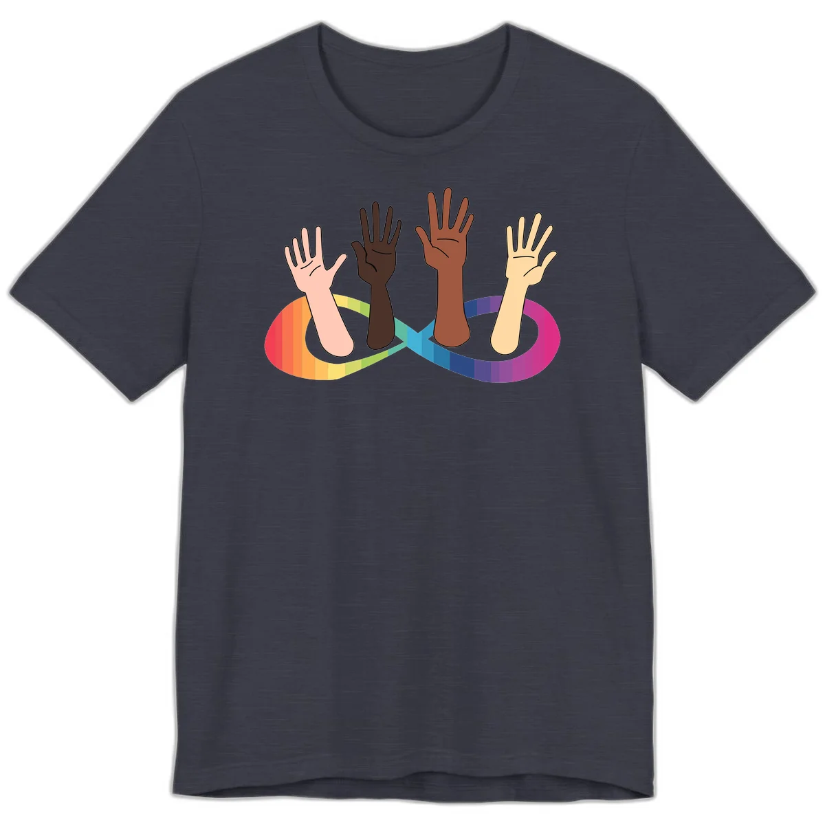 Five diverse raised hands with different skin tones emerging from a circular rainbow pride flag gradient, symbolizing unity and LGBTQ+ pride. in Heather Midnight Navy