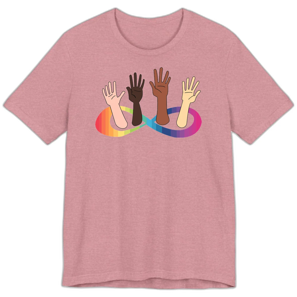 Five diverse raised hands with different skin tones emerging from a circular rainbow pride flag gradient, symbolizing unity and LGBTQ+ pride. in Heather Orchid