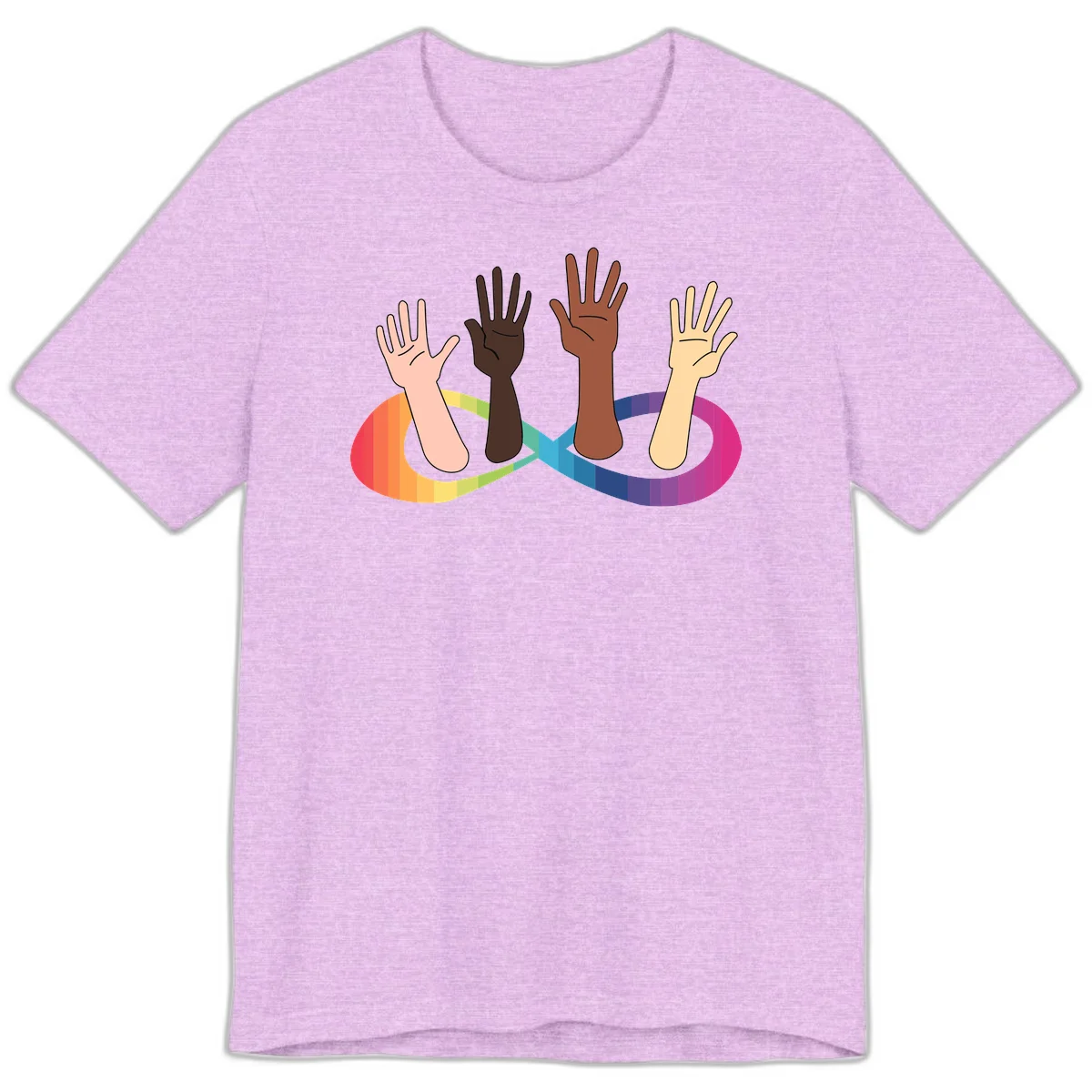 Five diverse raised hands with different skin tones emerging from a circular rainbow pride flag gradient, symbolizing unity and LGBTQ+ pride. in Heather Prism Lilac