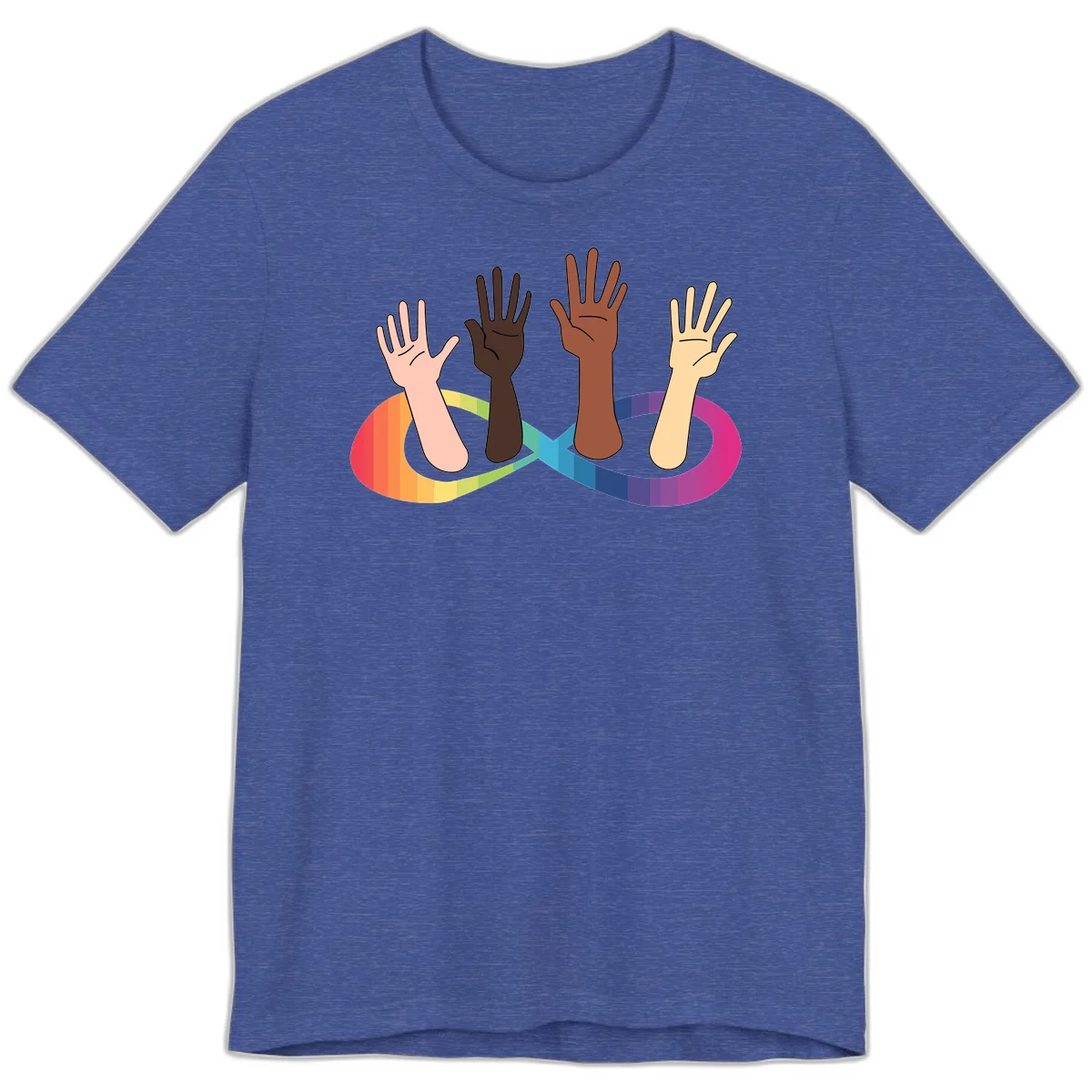 Five diverse raised hands with different skin tones emerging from a circular rainbow pride flag gradient, symbolizing unity and LGBTQ+ pride. in Heather True Royal