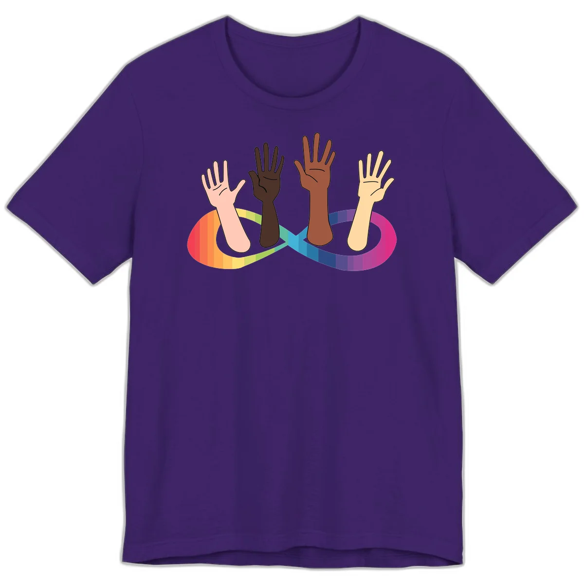Five diverse raised hands with different skin tones emerging from a circular rainbow pride flag gradient, symbolizing unity and LGBTQ+ pride. in Team Purple