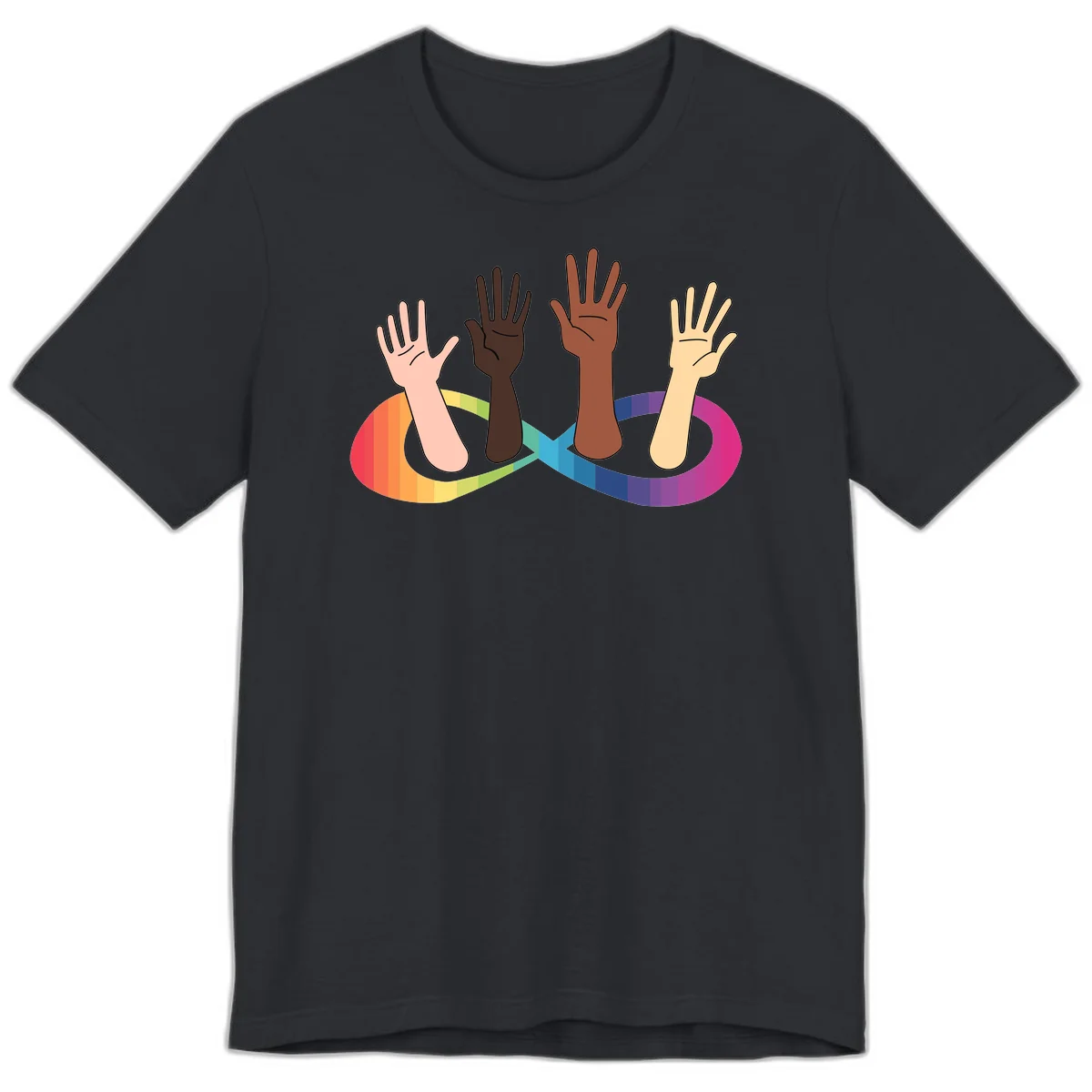 Five diverse raised hands with different skin tones emerging from a circular rainbow pride flag gradient, symbolizing unity and LGBTQ+ pride. in Vintage Black