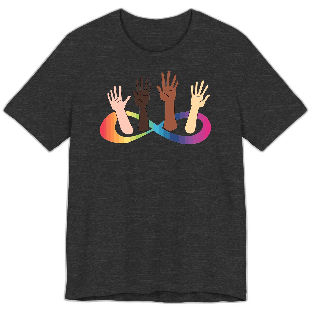 Five diverse raised hands with different skin tones emerging from a circular rainbow pride flag gradient, symbolizing unity and LGBTQ+ pride. in Dark Grey Heather