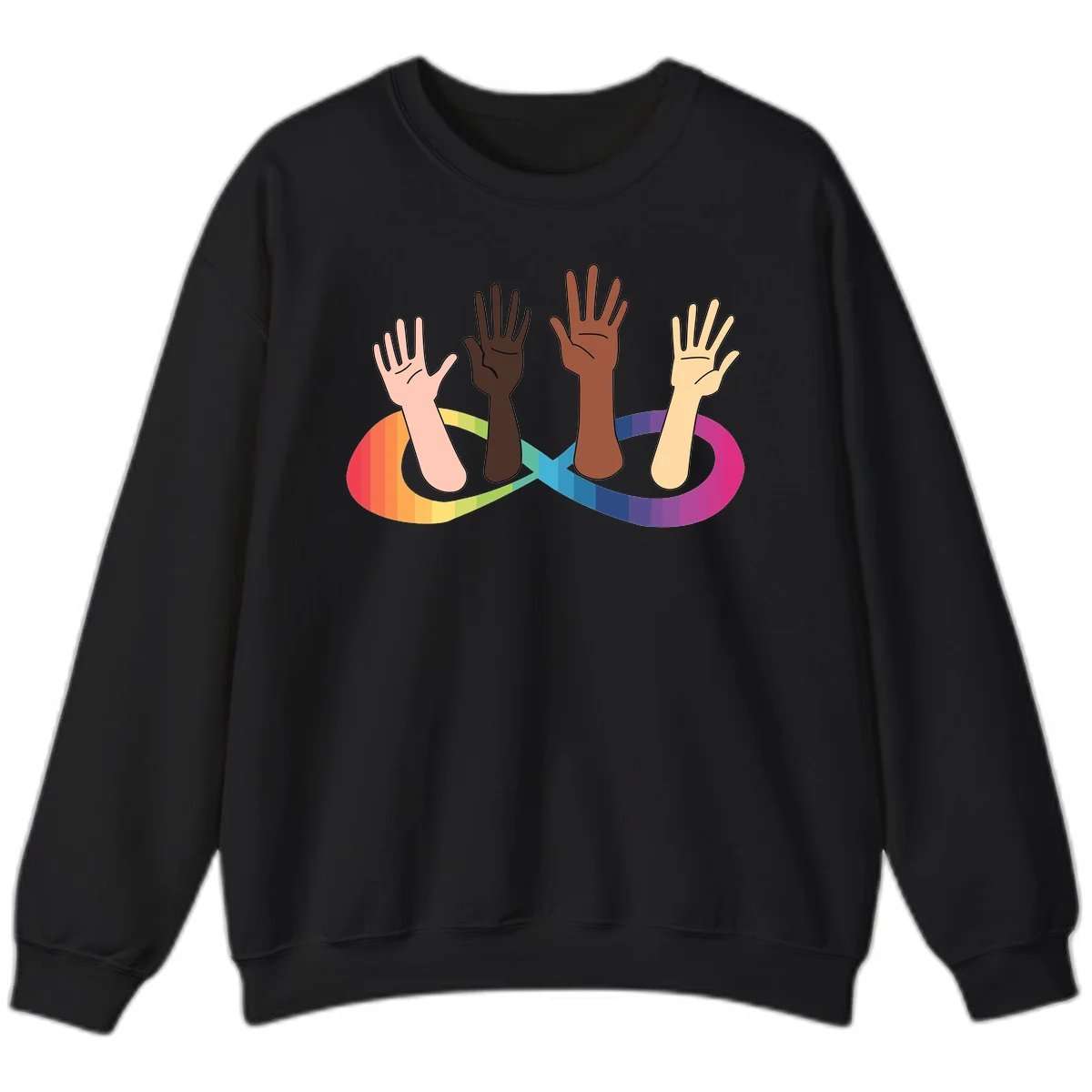 Five diverse raised hands with different skin tones emerging from a circular rainbow pride flag gradient, symbolizing unity and LGBTQ+ pride. in Black