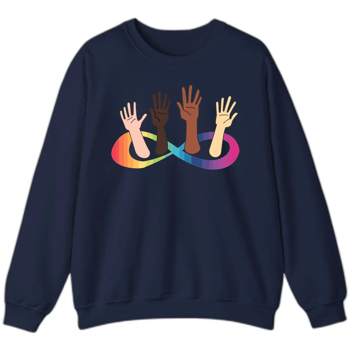 Five diverse raised hands with different skin tones emerging from a circular rainbow pride flag gradient, symbolizing unity and LGBTQ+ pride. in Navy