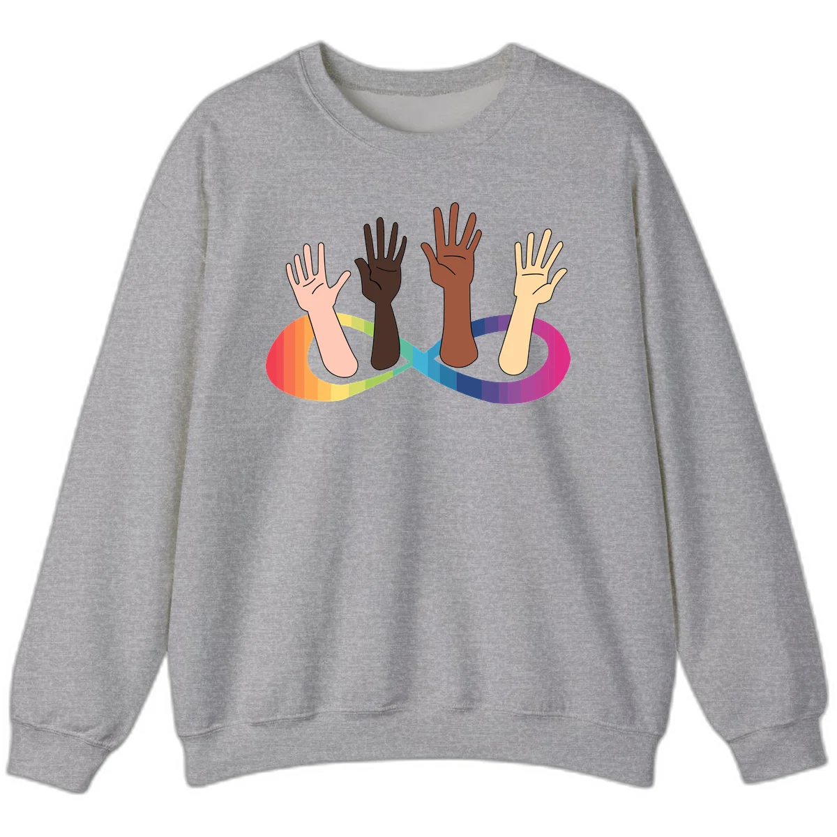 Five diverse raised hands with different skin tones emerging from a circular rainbow pride flag gradient, symbolizing unity and LGBTQ+ pride. in Sport Grey
