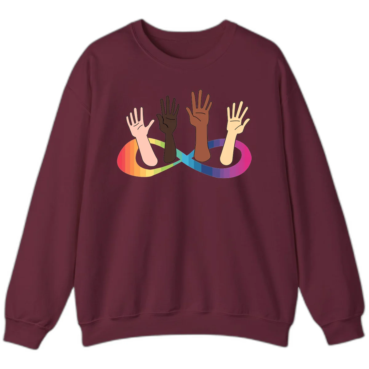 Five diverse raised hands with different skin tones emerging from a circular rainbow pride flag gradient, symbolizing unity and LGBTQ+ pride. in Maroon