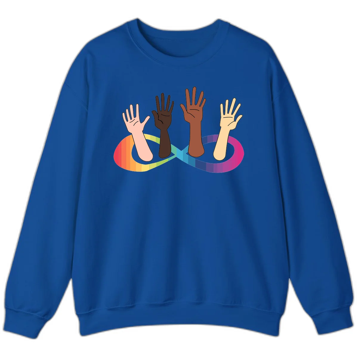 Five diverse raised hands with different skin tones emerging from a circular rainbow pride flag gradient, symbolizing unity and LGBTQ+ pride. in Royal