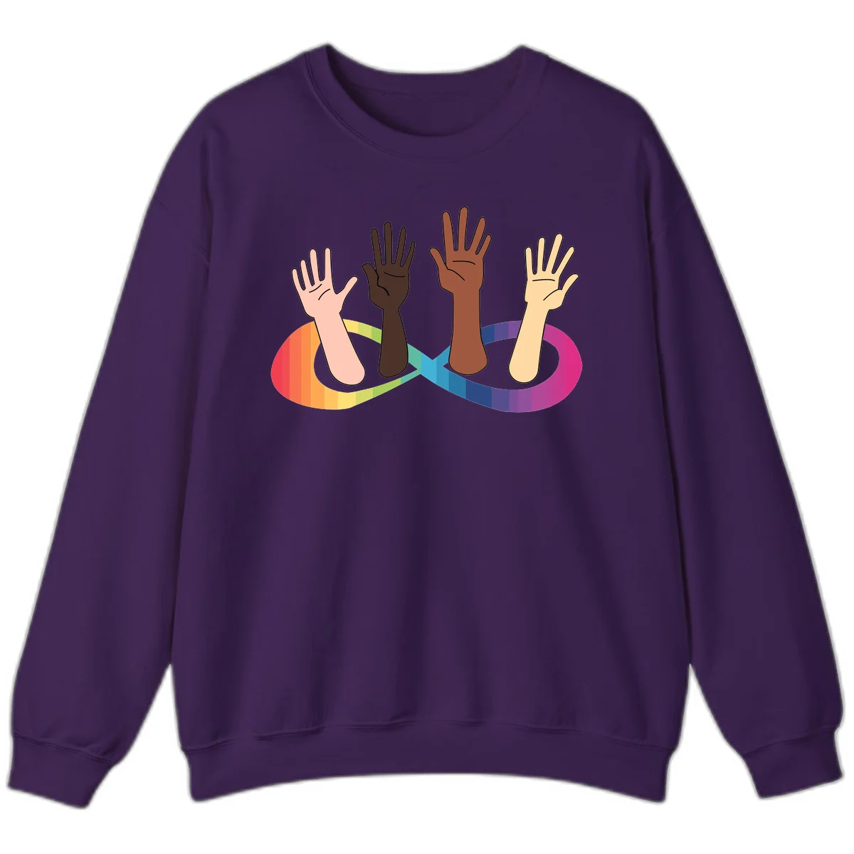 Five diverse raised hands with different skin tones emerging from a circular rainbow pride flag gradient, symbolizing unity and LGBTQ+ pride. in Purple