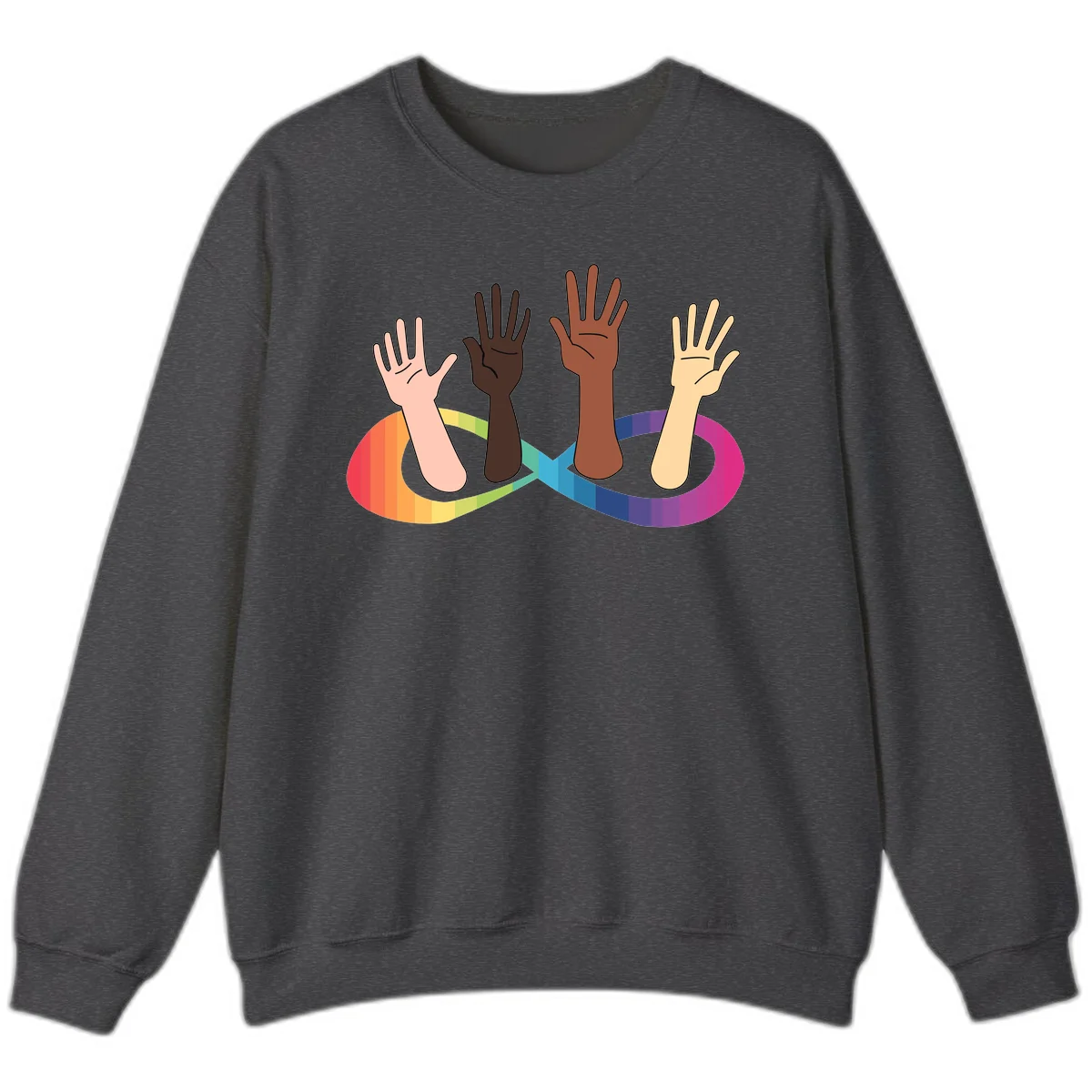 Five diverse raised hands with different skin tones emerging from a circular rainbow pride flag gradient, symbolizing unity and LGBTQ+ pride. in Dark Heather
