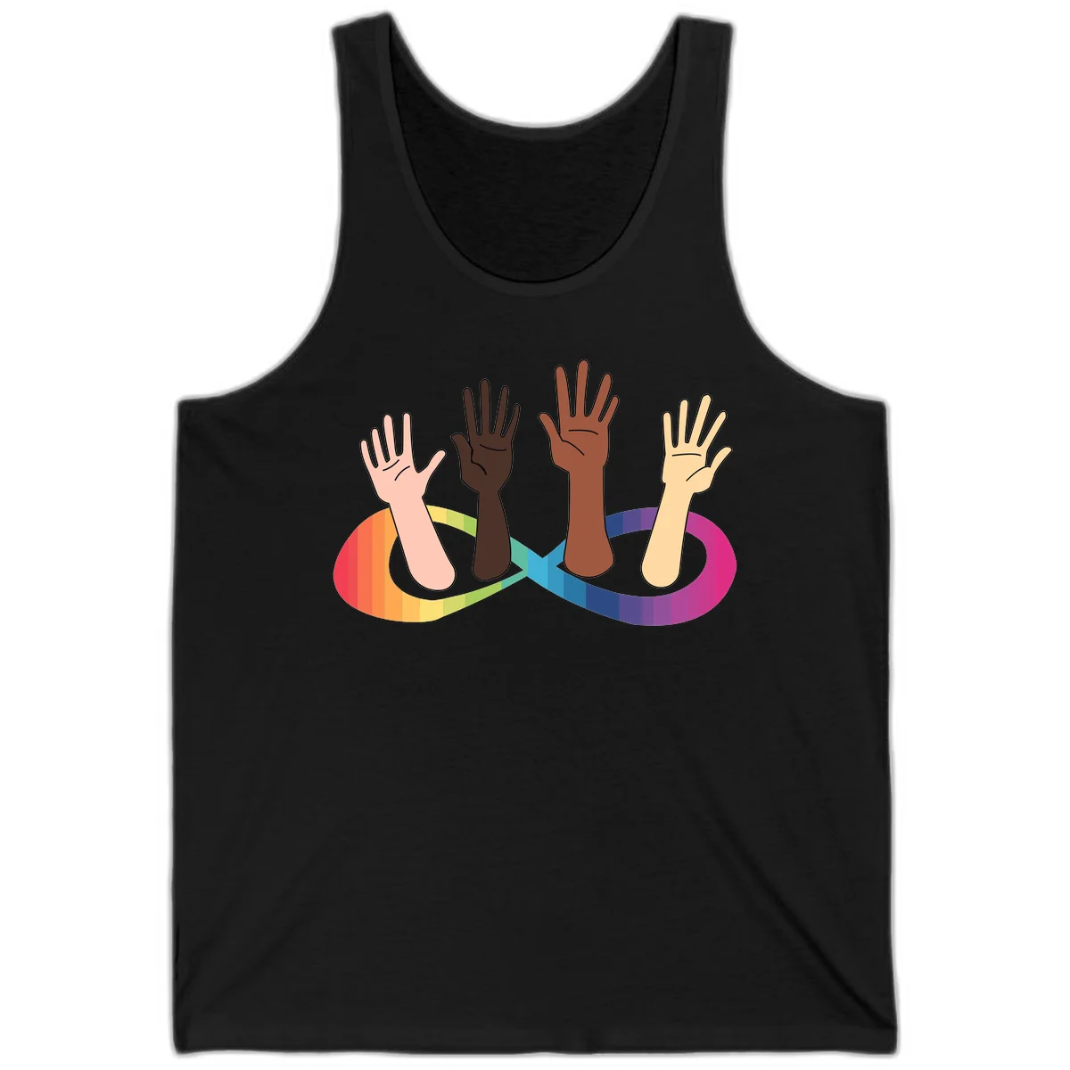 Five diverse raised hands with different skin tones emerging from a circular rainbow pride flag gradient, symbolizing unity and LGBTQ+ pride. in Black