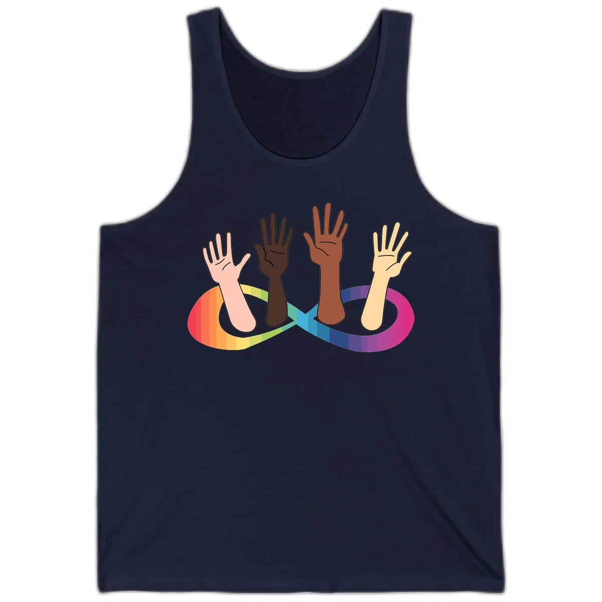 Five diverse raised hands with different skin tones emerging from a circular rainbow pride flag gradient, symbolizing unity and LGBTQ+ pride. in Navy