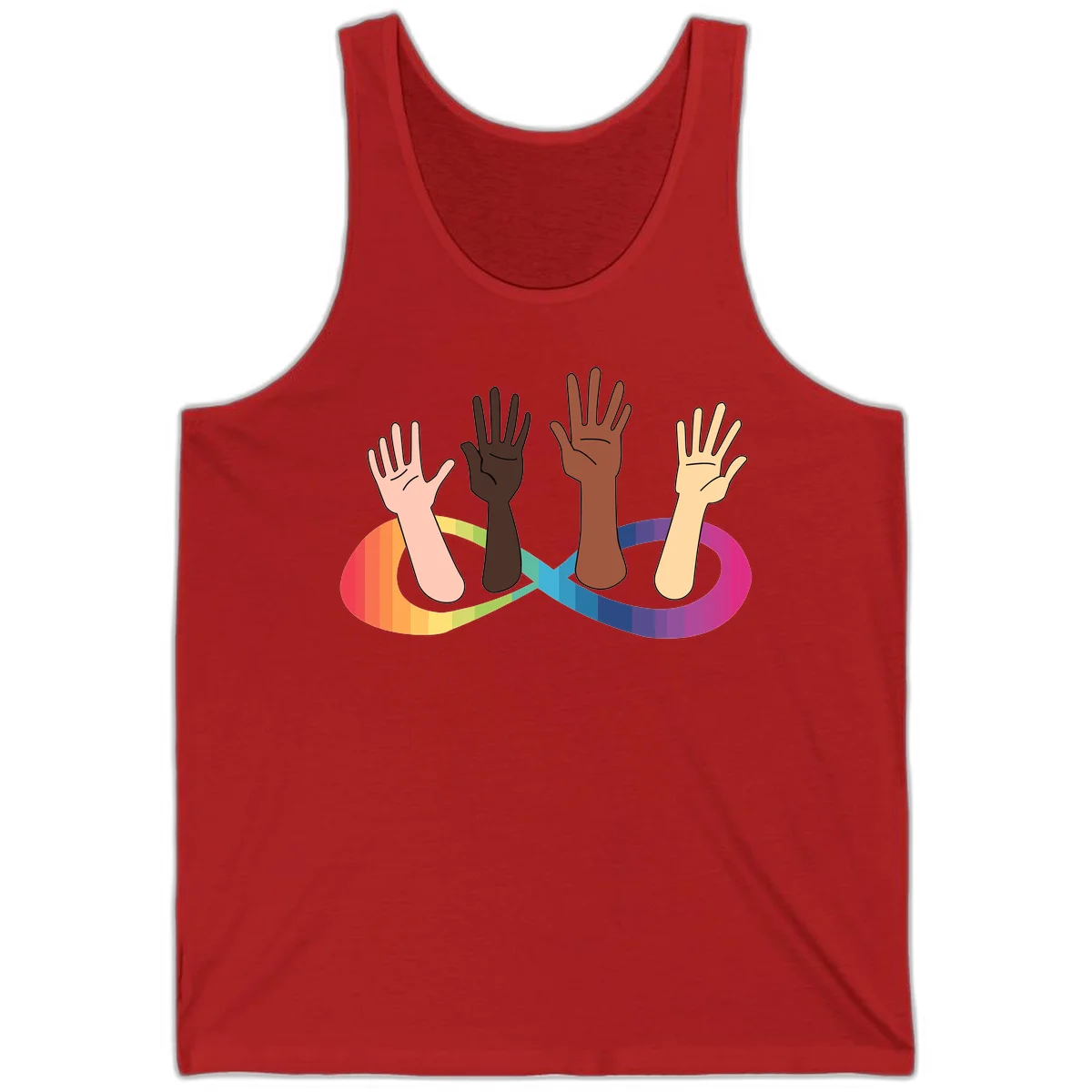 Five diverse raised hands with different skin tones emerging from a circular rainbow pride flag gradient, symbolizing unity and LGBTQ+ pride. in Red