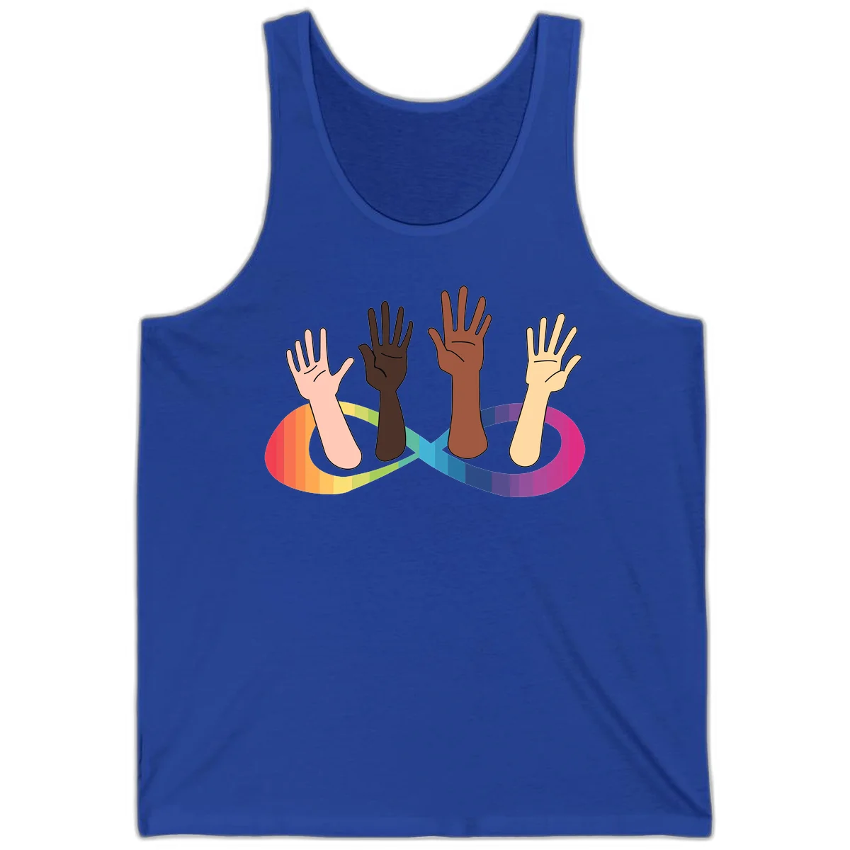 Five diverse raised hands with different skin tones emerging from a circular rainbow pride flag gradient, symbolizing unity and LGBTQ+ pride. in True Royal