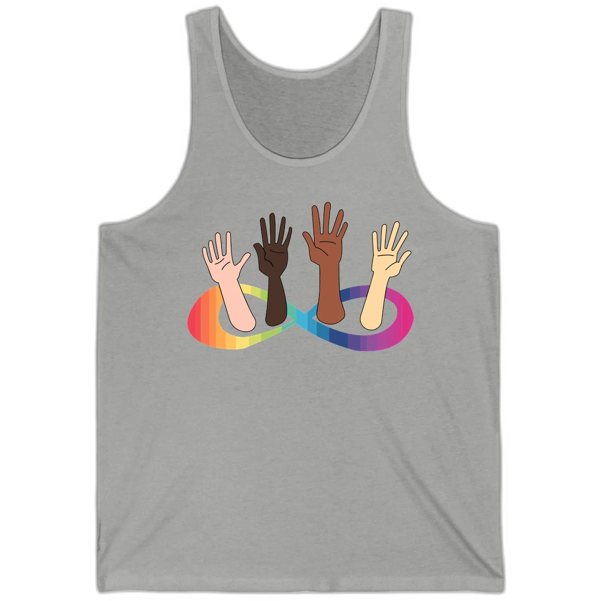 Five diverse raised hands with different skin tones emerging from a circular rainbow pride flag gradient, symbolizing unity and LGBTQ+ pride. in Athletic Heather