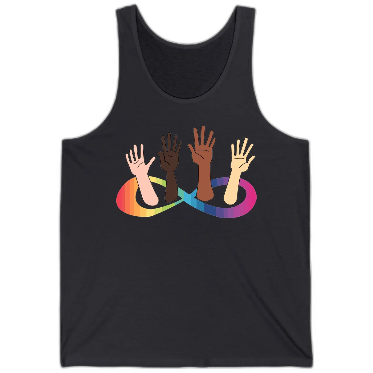 Five diverse raised hands with different skin tones emerging from a circular rainbow pride flag gradient, symbolizing unity and LGBTQ+ pride. in Dark Grey