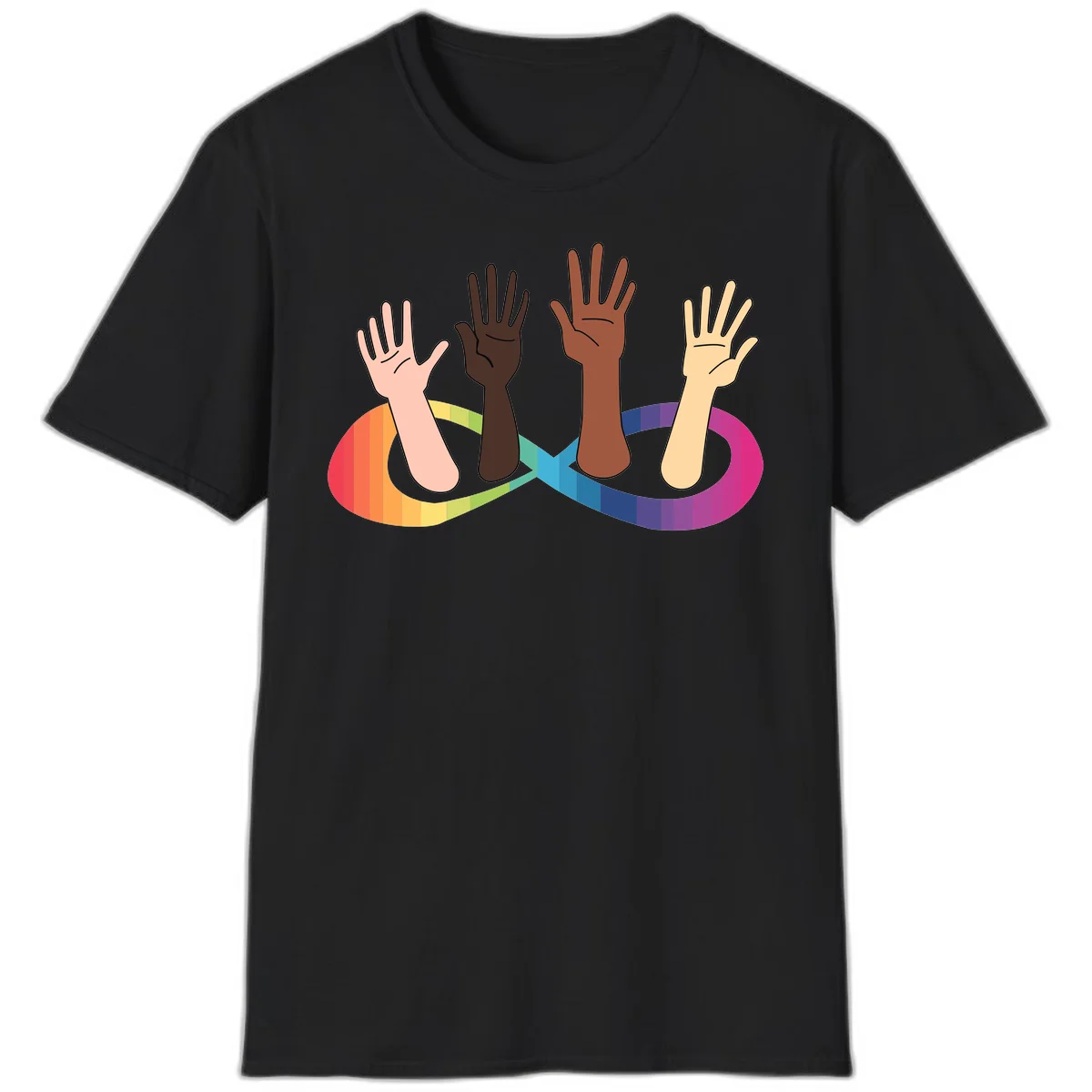 Five diverse raised hands with different skin tones emerging from a circular rainbow pride flag gradient, symbolizing unity and LGBTQ+ pride. in Black