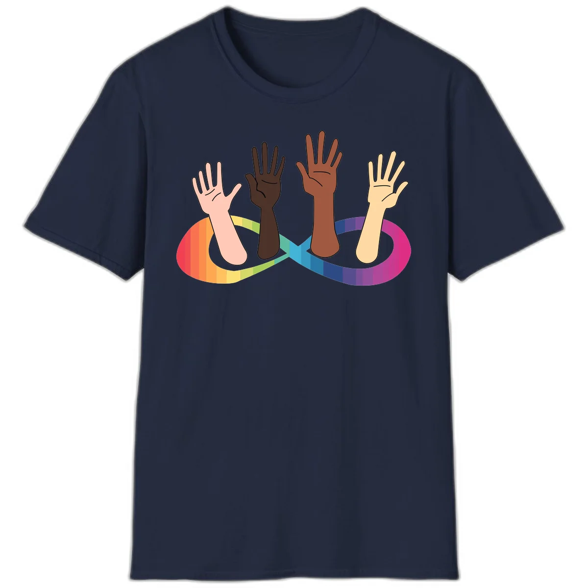 Five diverse raised hands with different skin tones emerging from a circular rainbow pride flag gradient, symbolizing unity and LGBTQ+ pride. in Navy