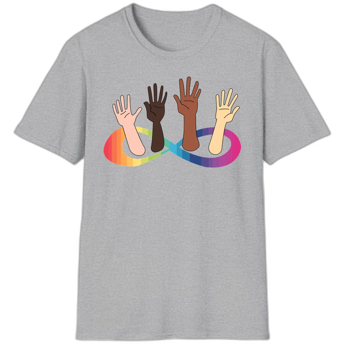 Five diverse raised hands with different skin tones emerging from a circular rainbow pride flag gradient, symbolizing unity and LGBTQ+ pride. in Sport Grey