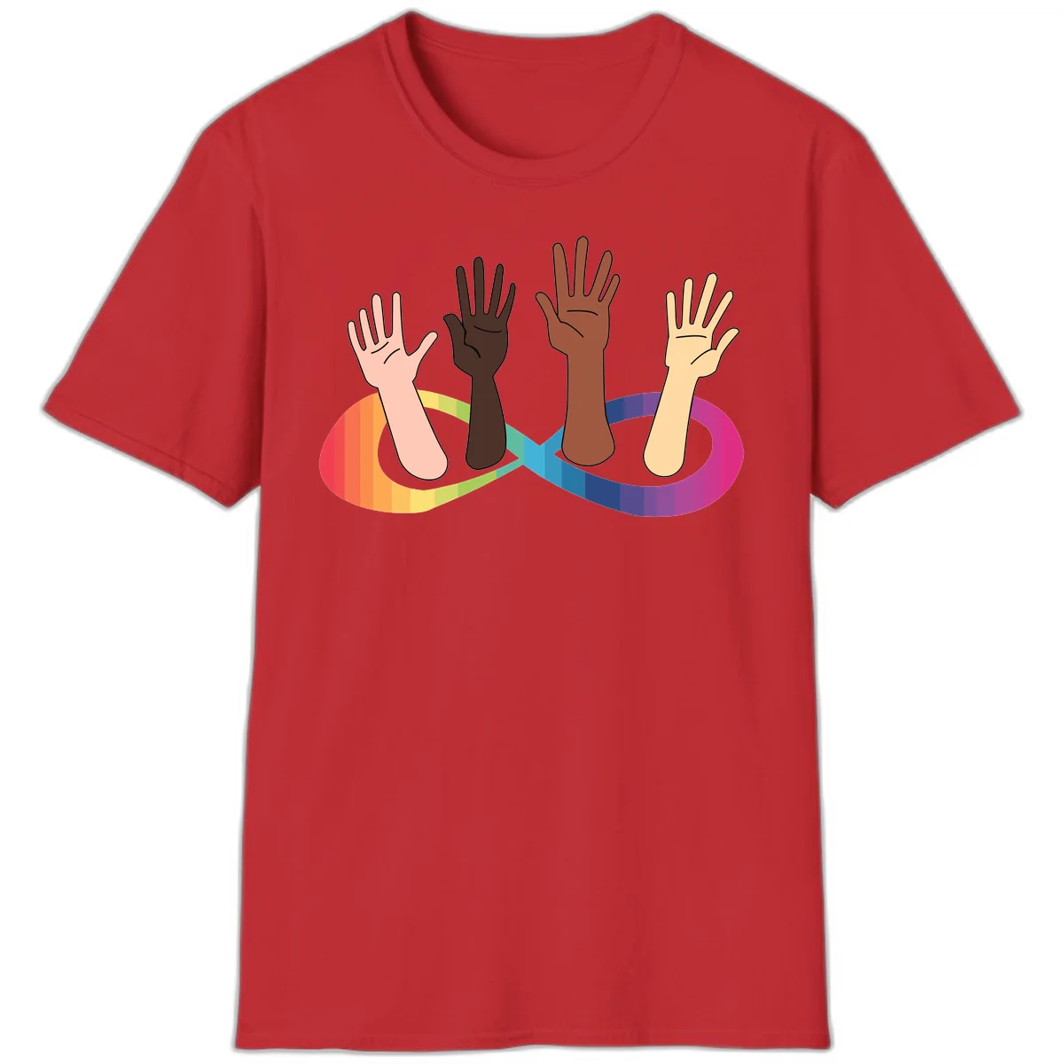 Five diverse raised hands with different skin tones emerging from a circular rainbow pride flag gradient, symbolizing unity and LGBTQ+ pride. in Red
