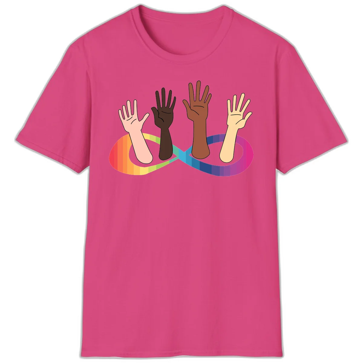 Five diverse raised hands with different skin tones emerging from a circular rainbow pride flag gradient, symbolizing unity and LGBTQ+ pride. in Heliconia