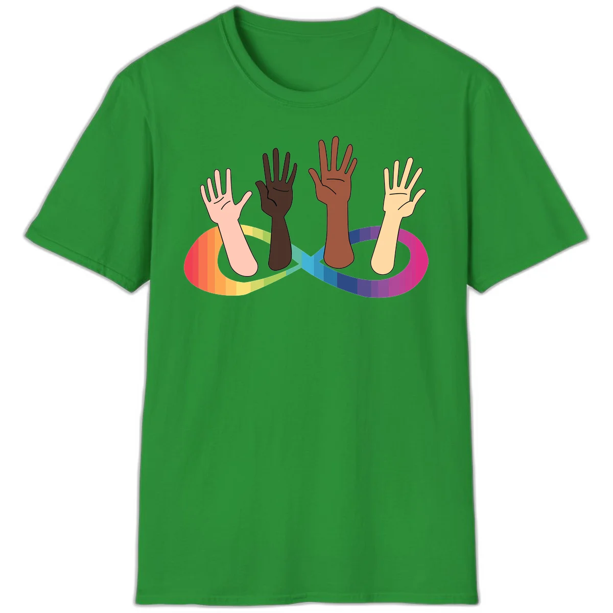 Five diverse raised hands with different skin tones emerging from a circular rainbow pride flag gradient, symbolizing unity and LGBTQ+ pride. in Irish Green