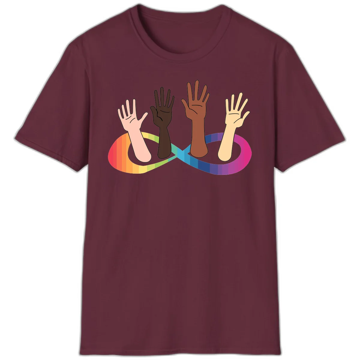Five diverse raised hands with different skin tones emerging from a circular rainbow pride flag gradient, symbolizing unity and LGBTQ+ pride. in Maroon
