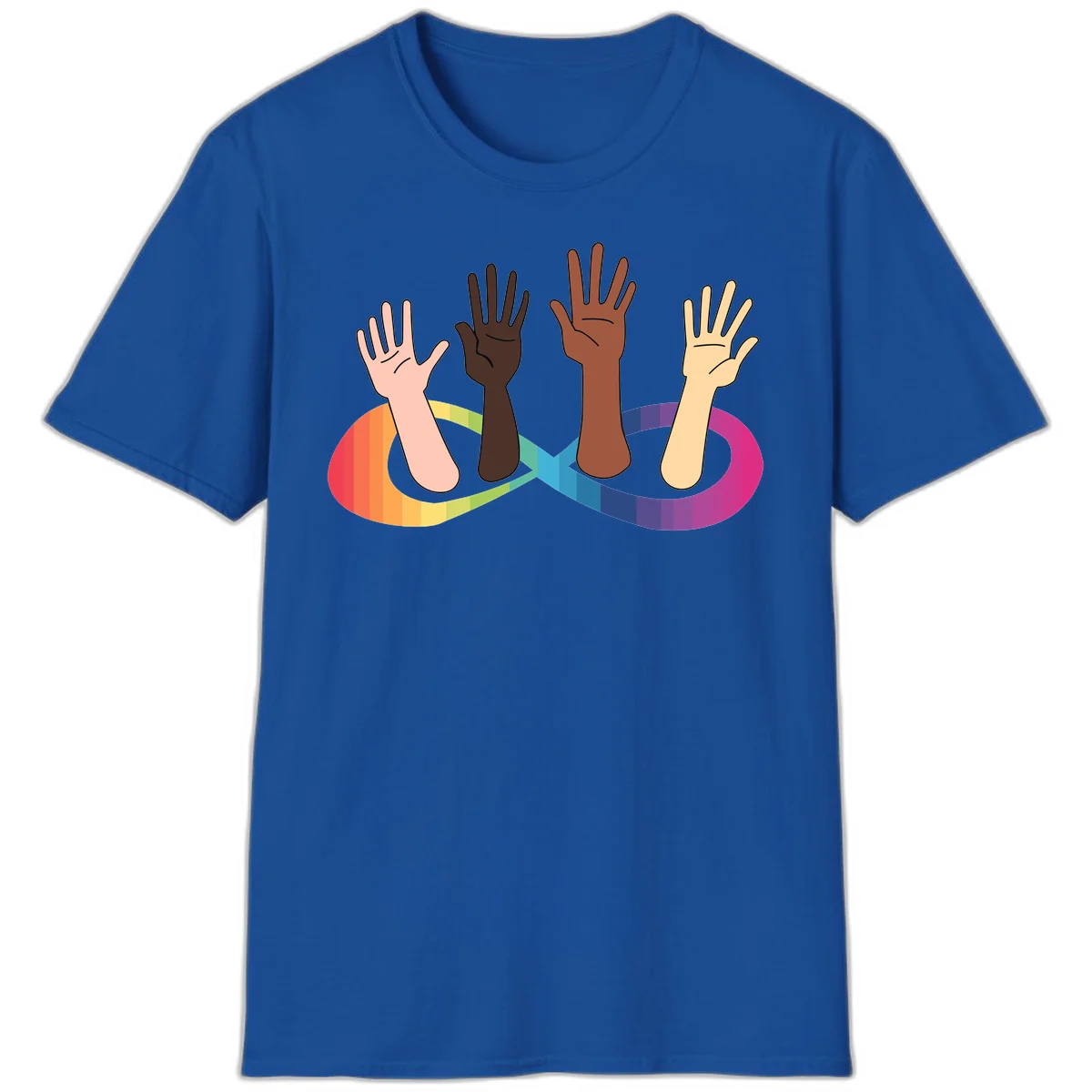 Five diverse raised hands with different skin tones emerging from a circular rainbow pride flag gradient, symbolizing unity and LGBTQ+ pride. in Royal