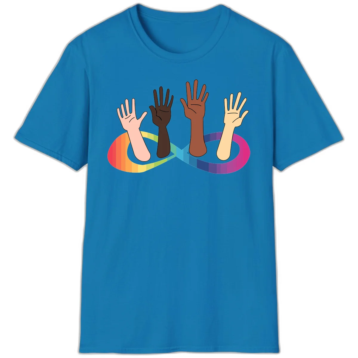 Five diverse raised hands with different skin tones emerging from a circular rainbow pride flag gradient, symbolizing unity and LGBTQ+ pride. in Sapphire