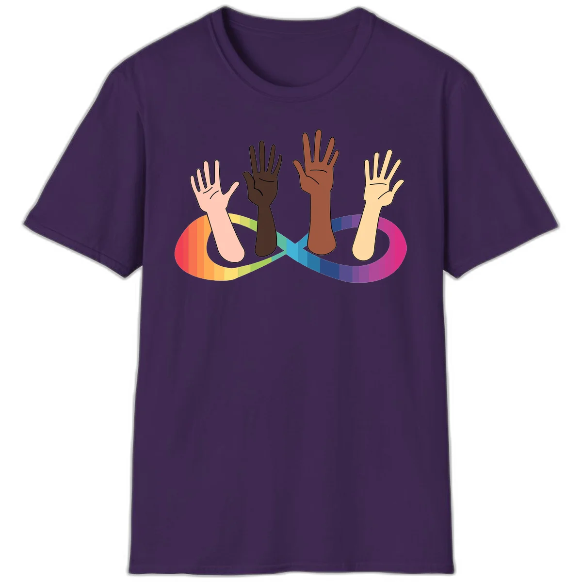 Five diverse raised hands with different skin tones emerging from a circular rainbow pride flag gradient, symbolizing unity and LGBTQ+ pride. in Purple
