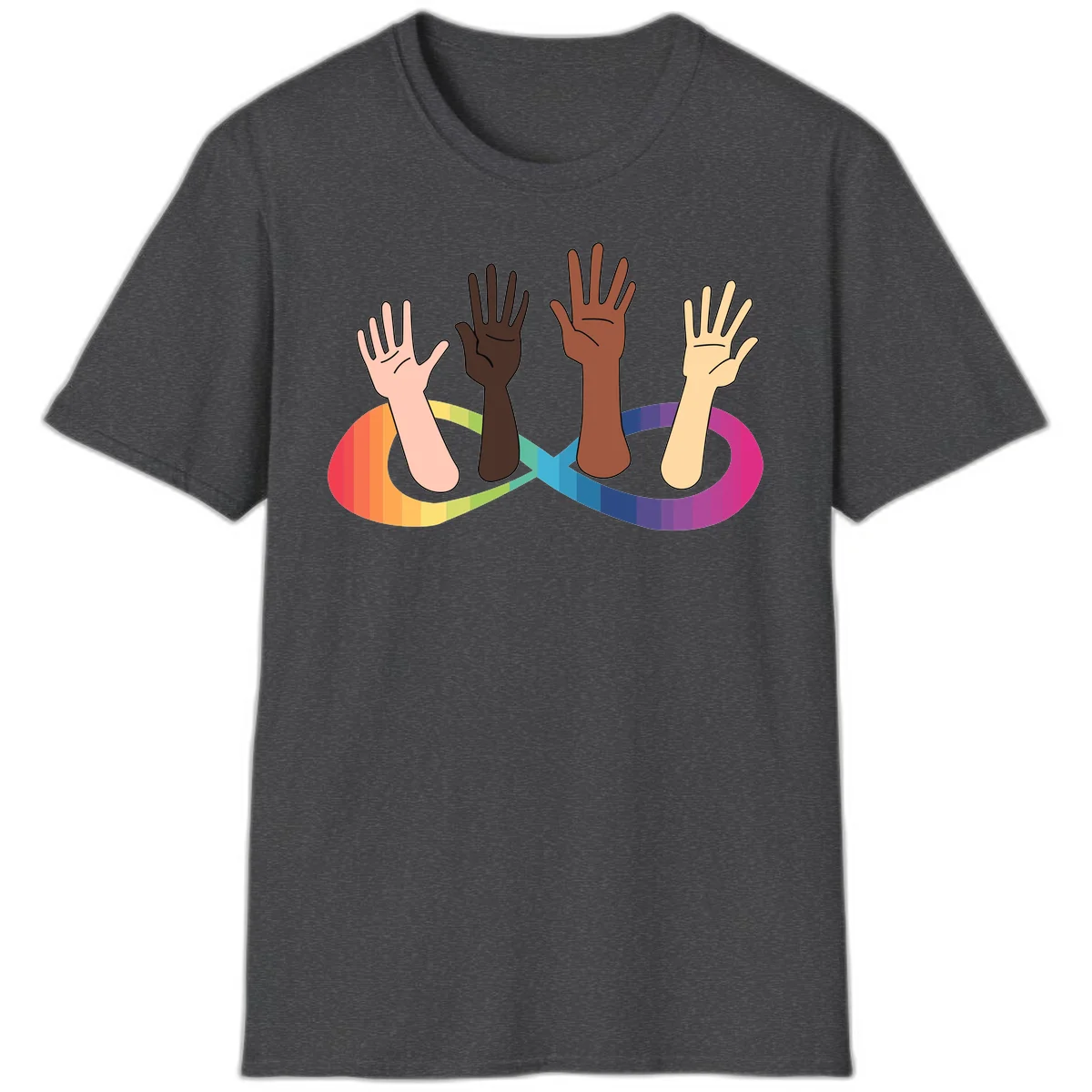 Five diverse raised hands with different skin tones emerging from a circular rainbow pride flag gradient, symbolizing unity and LGBTQ+ pride. in Dark Heather