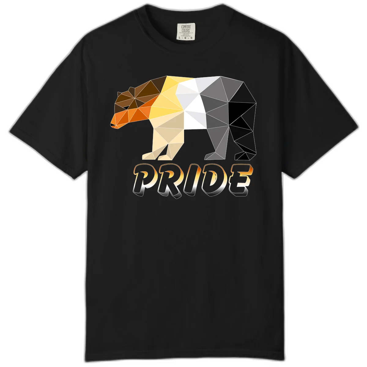 Geometric low-poly bear with triangular facets transitioning from warm brown and orange tones to cool gray and black, with PRIDE text below in Black