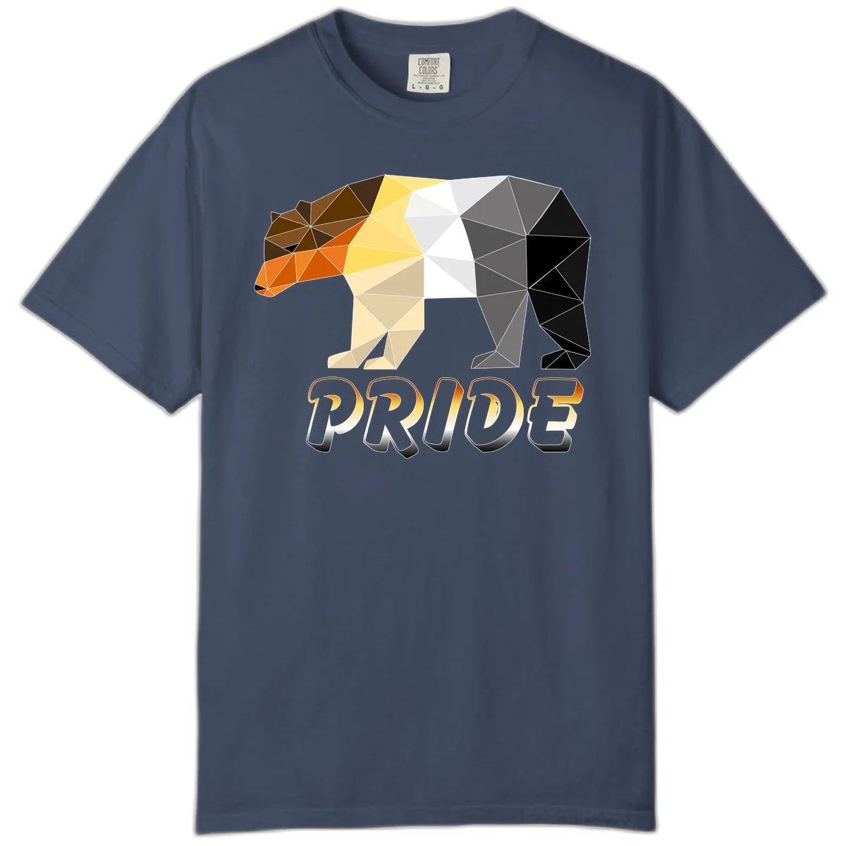 Geometric low-poly bear with triangular facets transitioning from warm brown and orange tones to cool gray and black, with PRIDE text below in Midnight