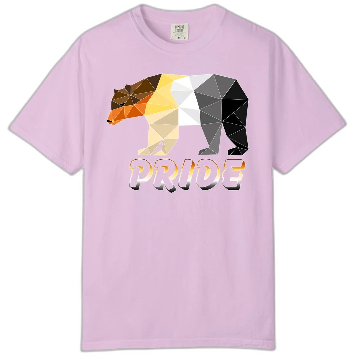 Geometric low-poly bear with triangular facets transitioning from warm brown and orange tones to cool gray and black, with PRIDE text below in Orchid