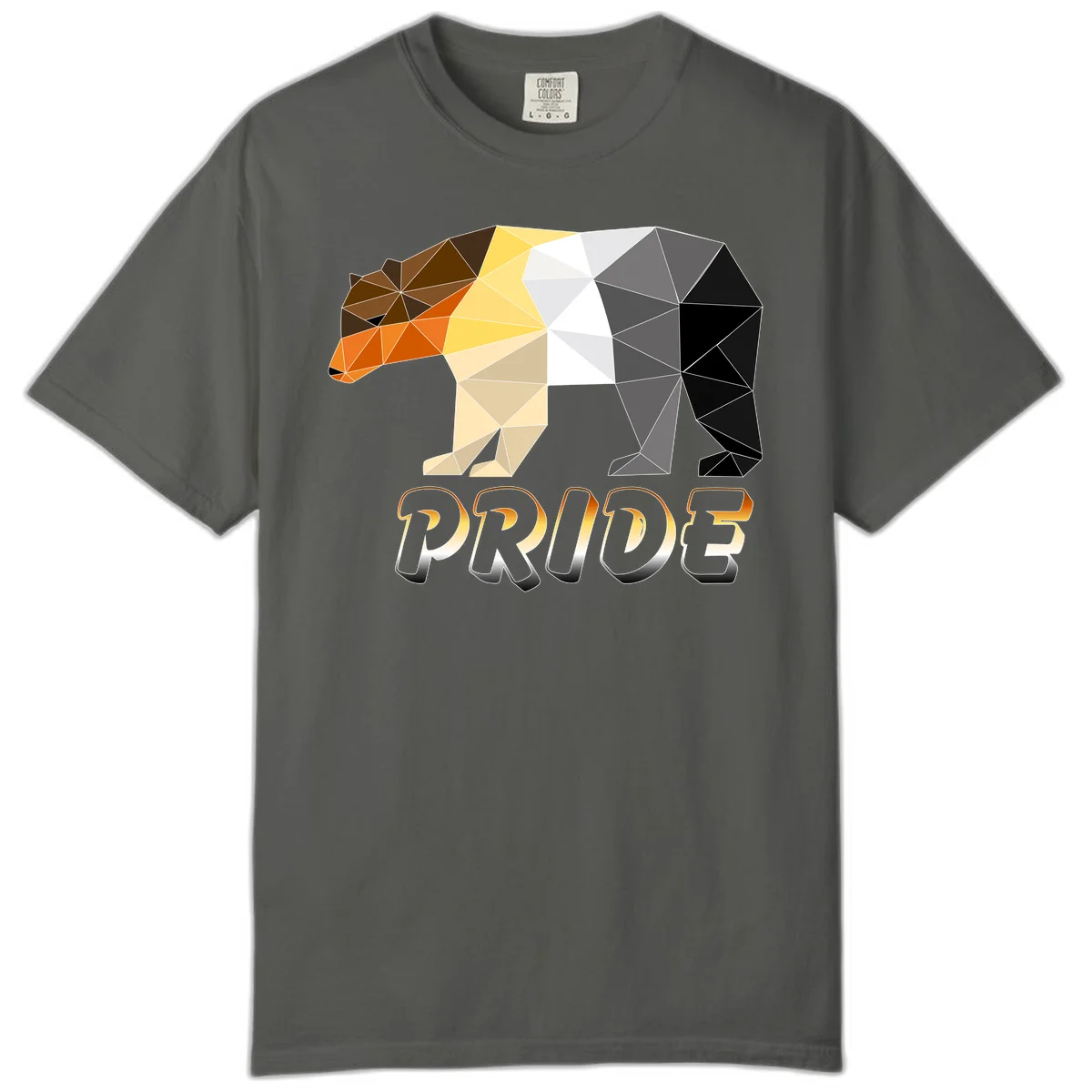 Geometric low-poly bear with triangular facets transitioning from warm brown and orange tones to cool gray and black, with PRIDE text below in Pepper