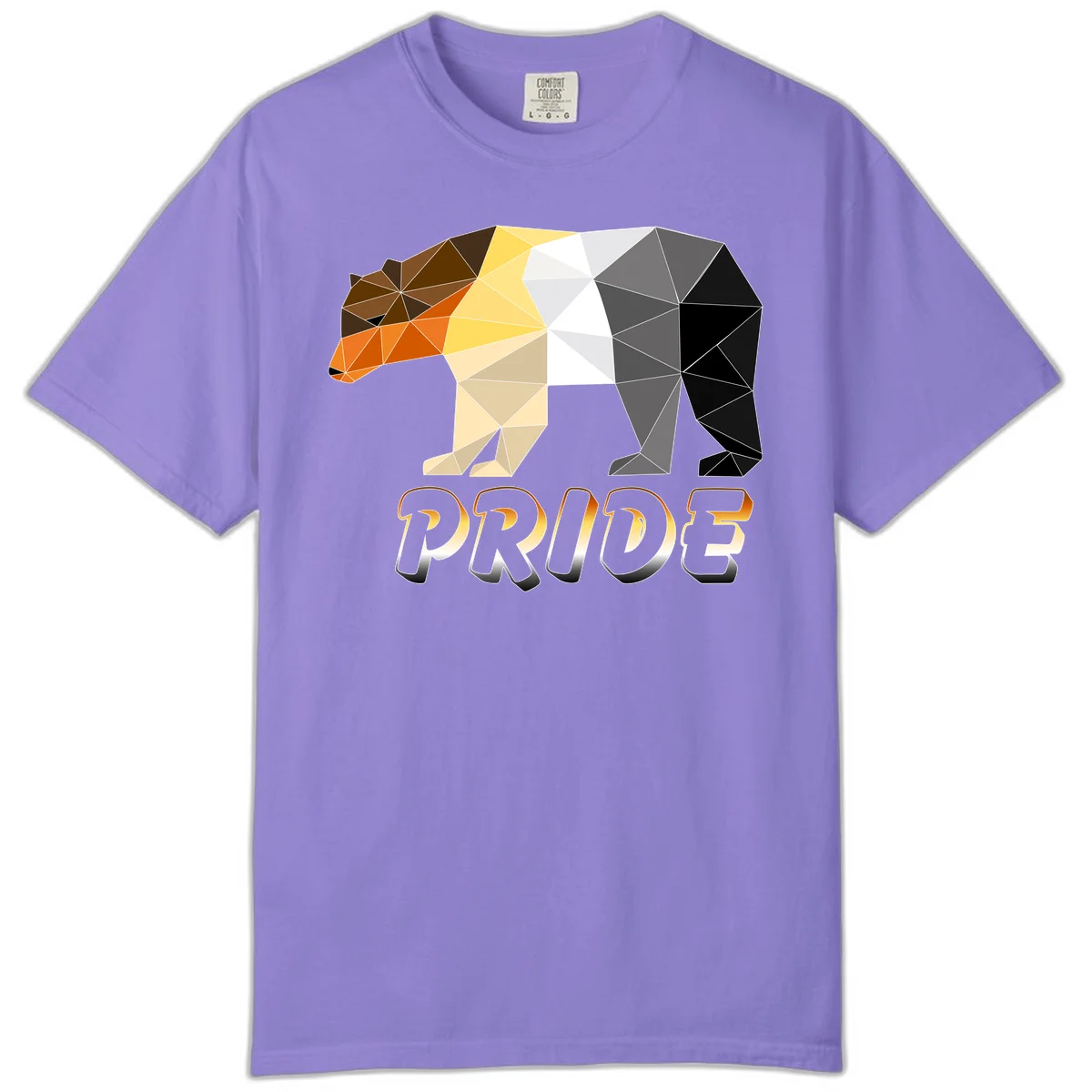 Geometric low-poly bear with triangular facets transitioning from warm brown and orange tones to cool gray and black, with PRIDE text below in Violet