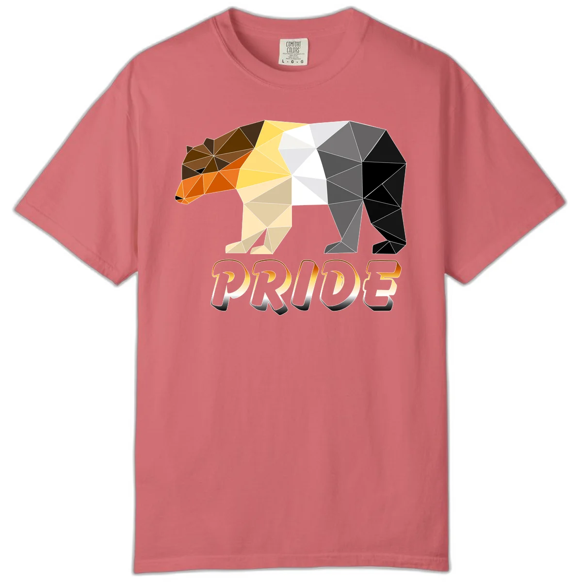 Geometric low-poly bear with triangular facets transitioning from warm brown and orange tones to cool gray and black, with PRIDE text below in Watermelon