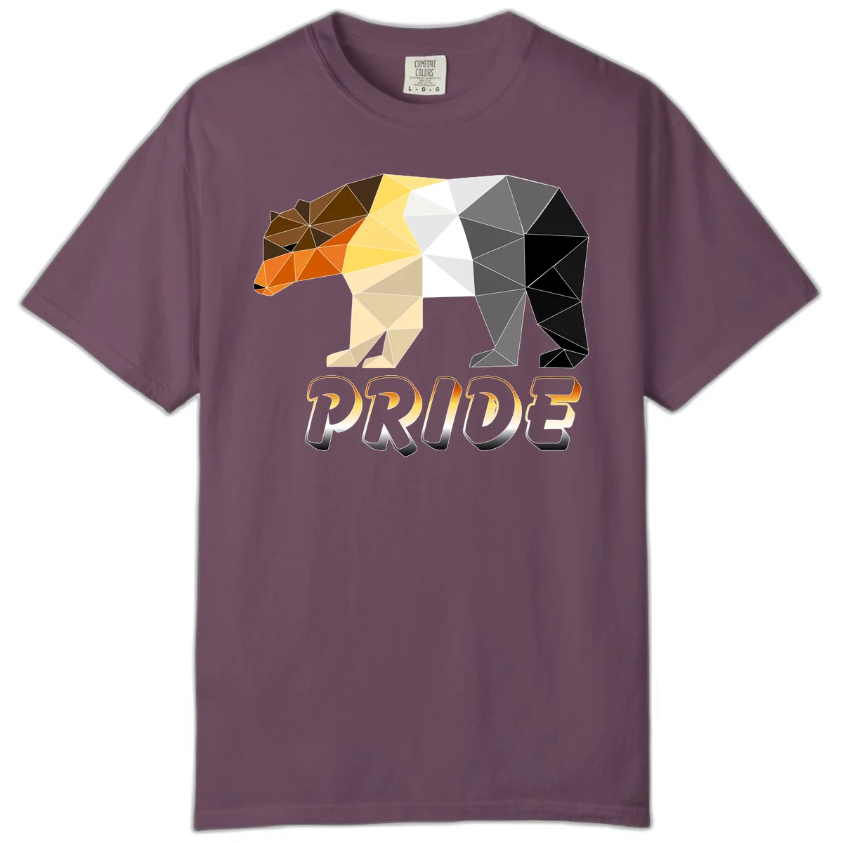Geometric low-poly bear with triangular facets transitioning from warm brown and orange tones to cool gray and black, with PRIDE text below in Berry