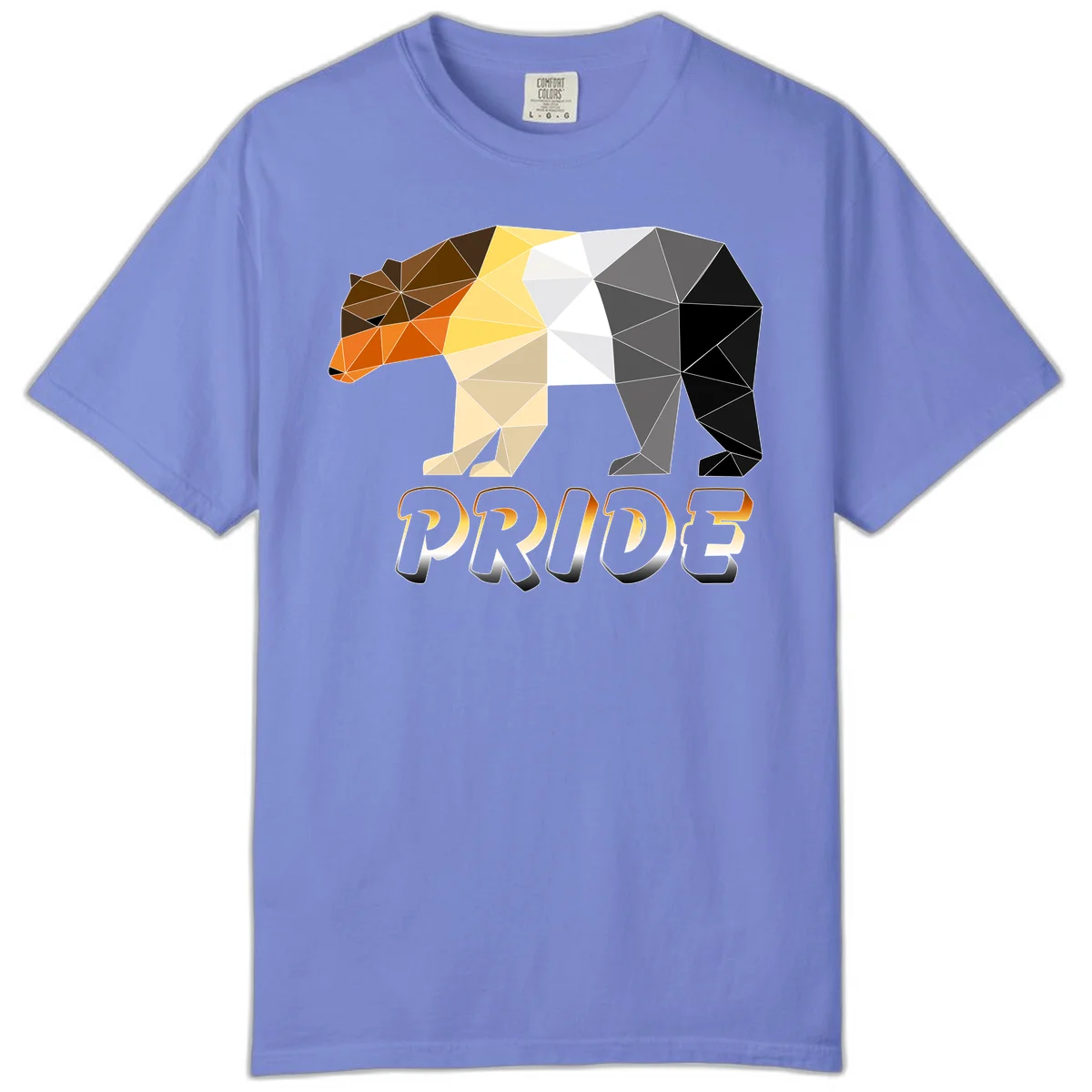 Geometric low-poly bear with triangular facets transitioning from warm brown and orange tones to cool gray and black, with PRIDE text below in Flo Blue