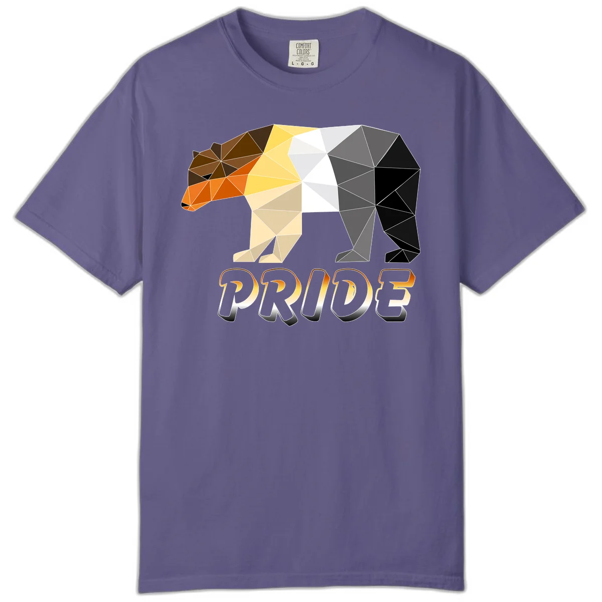 Geometric low-poly bear with triangular facets transitioning from warm brown and orange tones to cool gray and black, with PRIDE text below in Grape