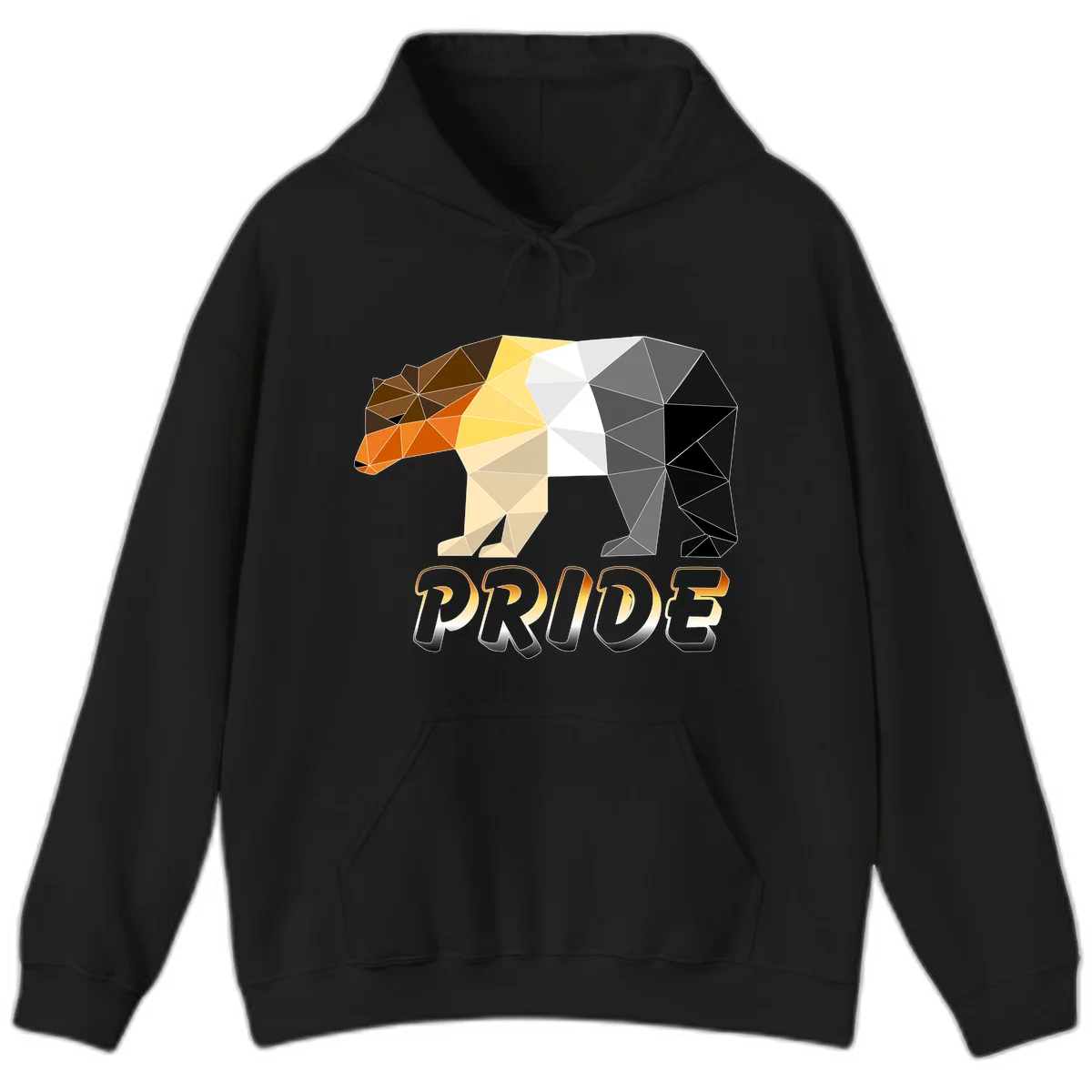 Geometric low-poly bear with triangular facets transitioning from warm brown and orange tones to cool gray and black, with PRIDE text below in Black