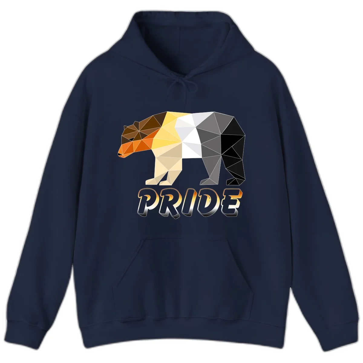 Geometric low-poly bear with triangular facets transitioning from warm brown and orange tones to cool gray and black, with PRIDE text below in Navy