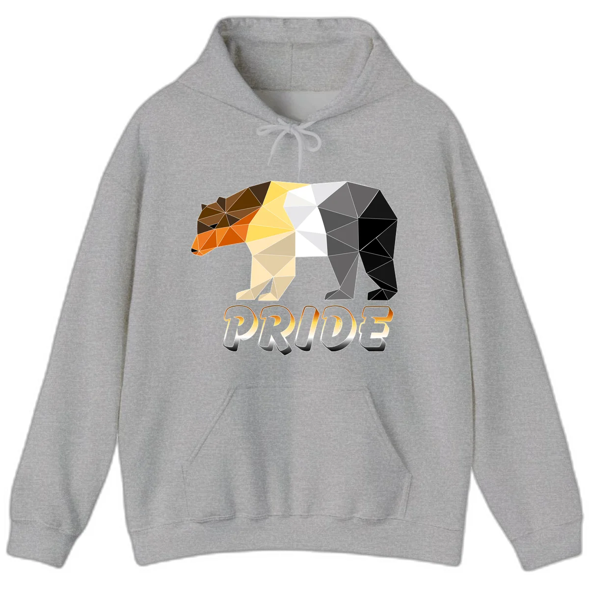 Geometric low-poly bear with triangular facets transitioning from warm brown and orange tones to cool gray and black, with PRIDE text below in Sport Grey