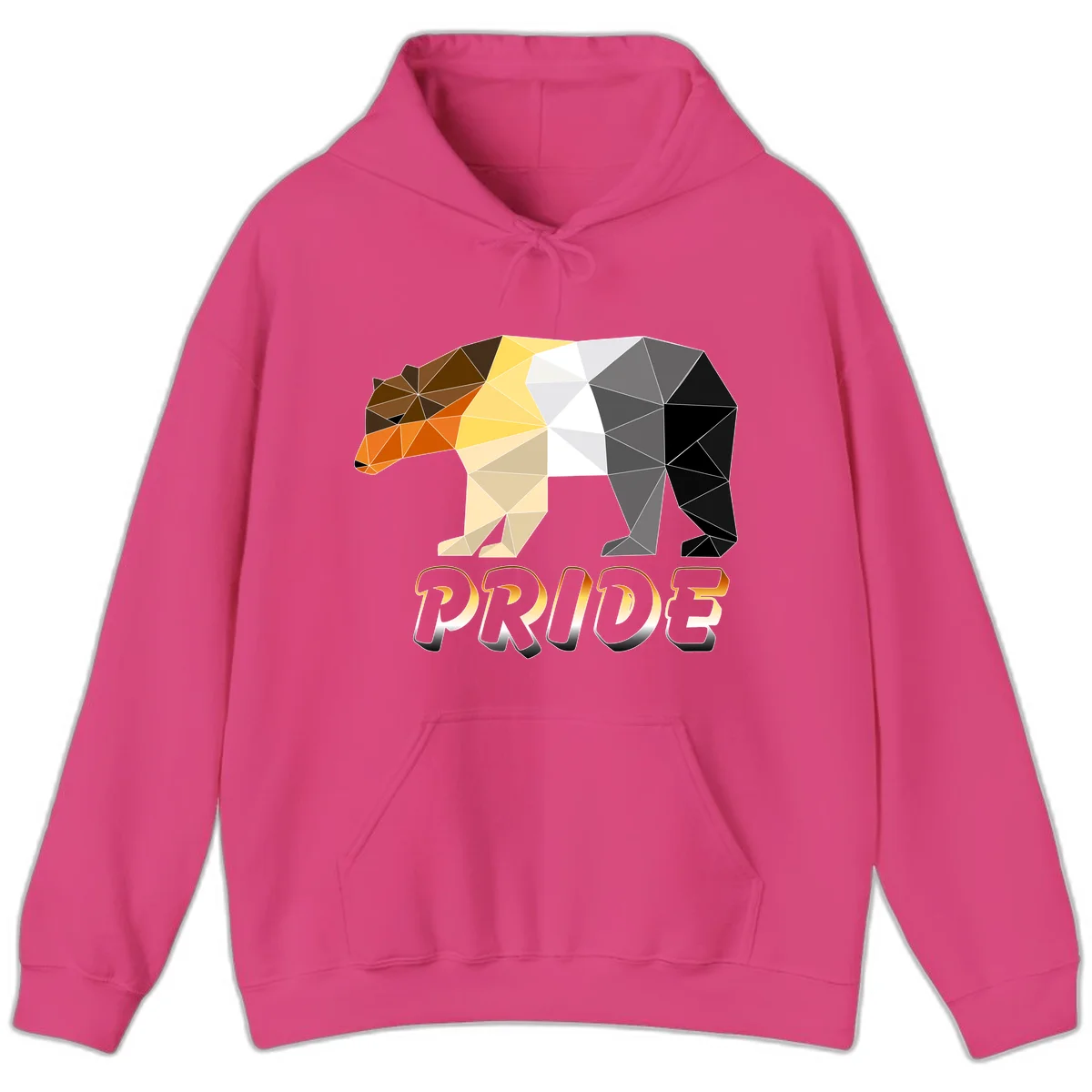 Geometric low-poly bear with triangular facets transitioning from warm brown and orange tones to cool gray and black, with PRIDE text below in Heliconia