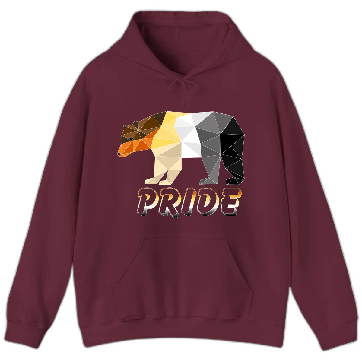 Geometric low-poly bear with triangular facets transitioning from warm brown and orange tones to cool gray and black, with PRIDE text below in Maroon