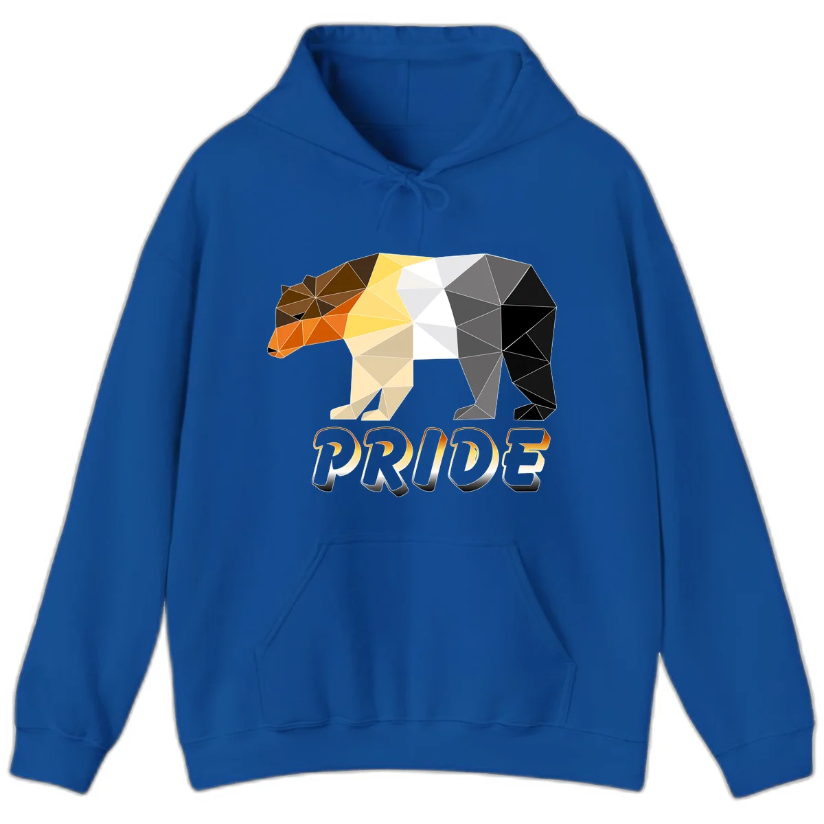 Geometric low-poly bear with triangular facets transitioning from warm brown and orange tones to cool gray and black, with PRIDE text below in Royal