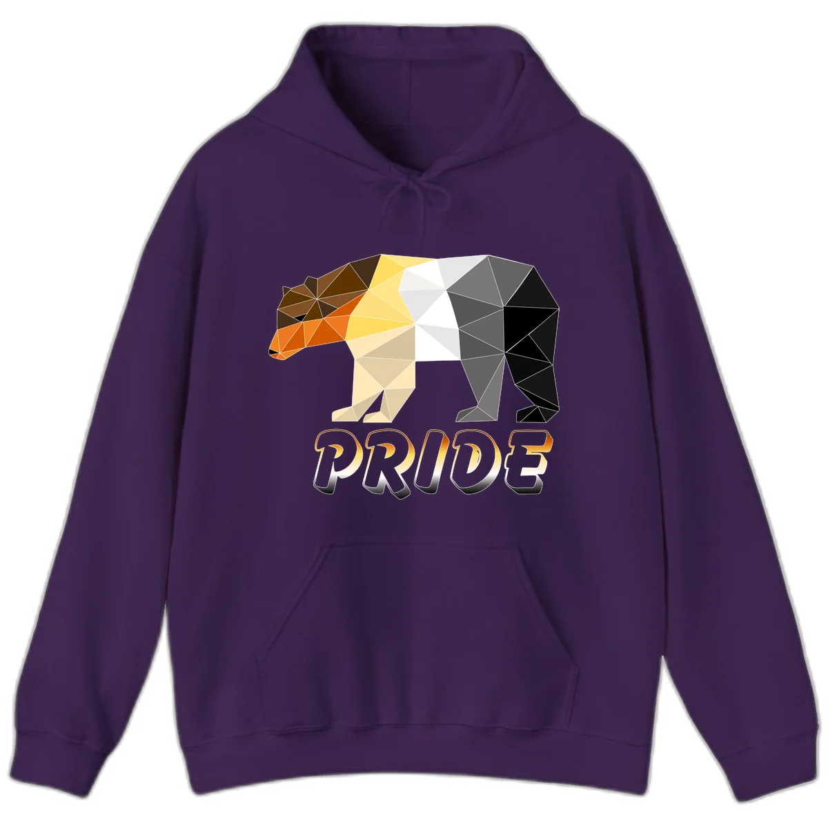 Geometric low-poly bear with triangular facets transitioning from warm brown and orange tones to cool gray and black, with PRIDE text below in Purple